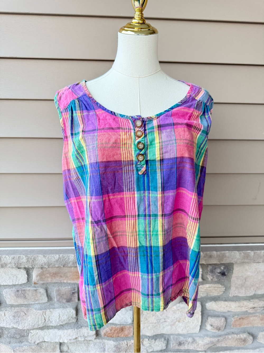 Vivid Pink & Purple Plaid Sleeveless Henley Camisole